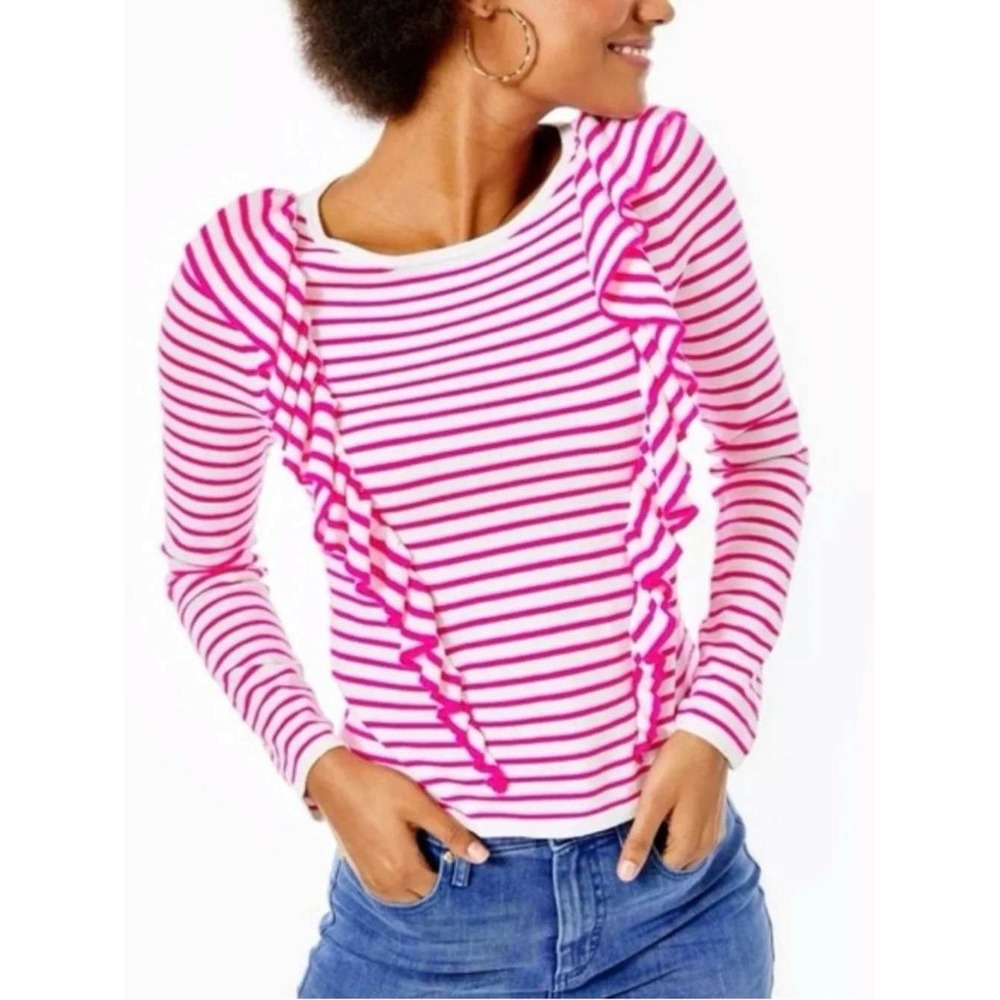 Lilly Pulitzer Ruth Ruffle Sweater Small Pink White Tango Stripe Coastal Preppy